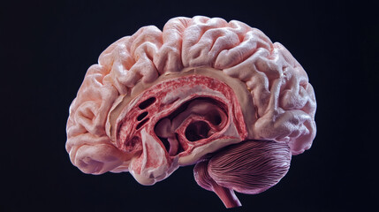 Pathology of Alzheimer’s Disease, Artistic representation of a brain with intricate details on a dark background.

