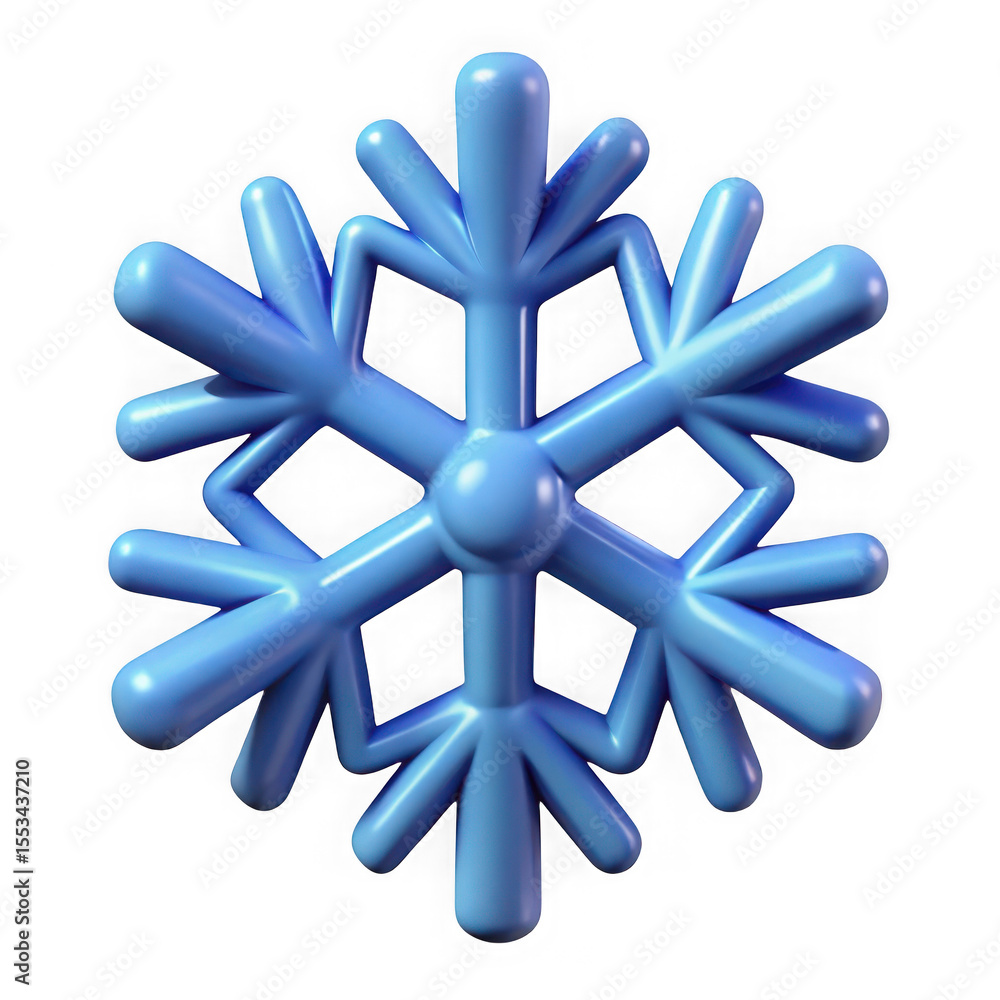 Poster a smooth rounded light blue stylized snowflake with six symmetrical arms and a central sphere isolat