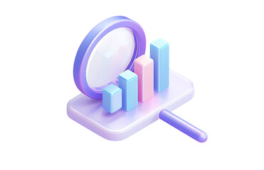 A purple and blue cartoon magnifying glass floating over a bar graph icon, in an isometric design style.