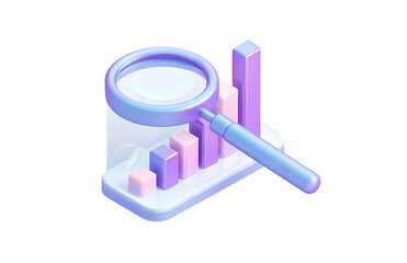A purple and blue cartoon magnifying glass floating over a bar graph icon, in an isometric design style.
