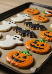 Obraz premium Halloween-themed cookies shaped like pumpkins, ghosts, and bats 
