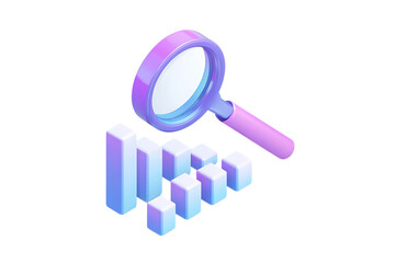 A purple and blue cartoon magnifying glass floating over a bar graph icon, in an isometric design style.