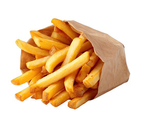 Golden french fries in a brown paper cone