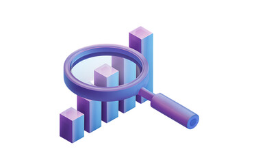 A purple and blue cartoon magnifying glass floating over a bar graph icon, in an isometric design style.