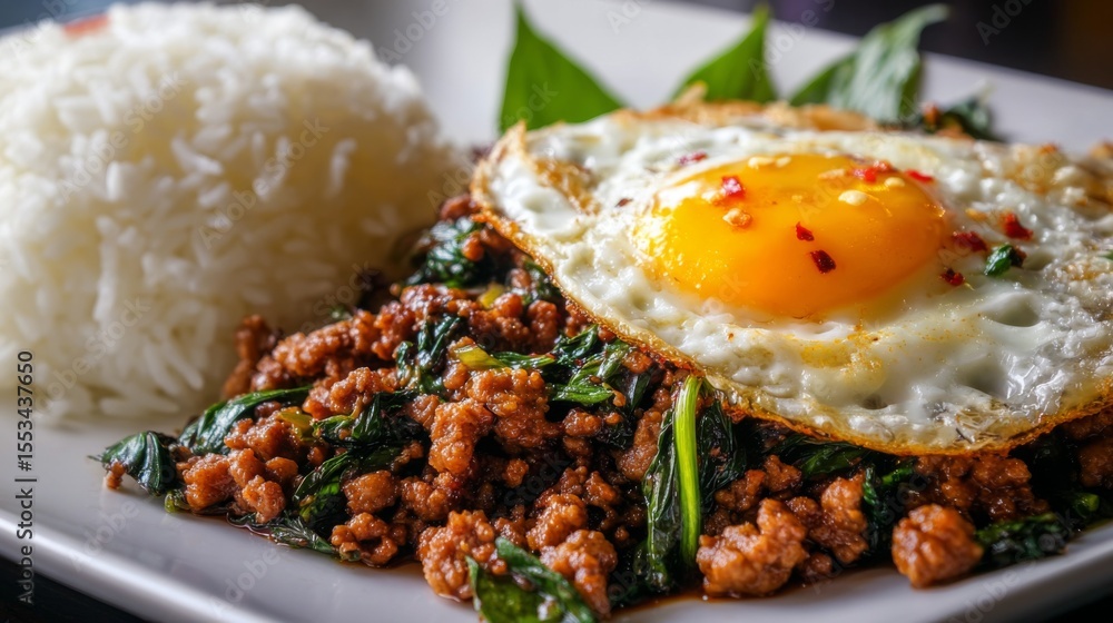Poster a close-up of a plate of pad krapow moo, featuring stir-fried minced pork with thai basil, served wi