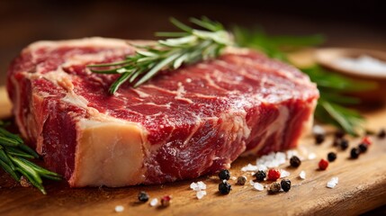 A close-up of a raw ribeye steak with intricate marbling, placed on a wooden surface with herbs and spices arranged around for a gourmet appeal.