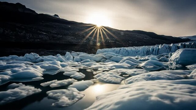 Glacial Lagoon at Sunset with Sunstar