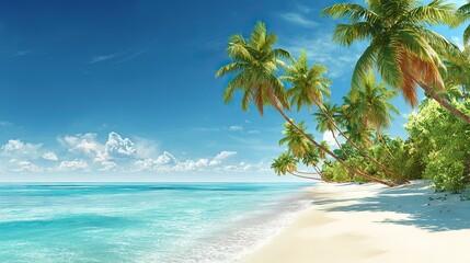 Beautiful white sand beaches, palm trees and clear blue skies. The tranquil summer scene is perfect for vacations, travel poster designs, illustrations, or artwork.