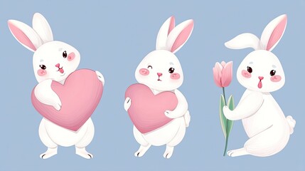 Obraz premium Adorable Rabbits with Hearts and Flowers Illustration