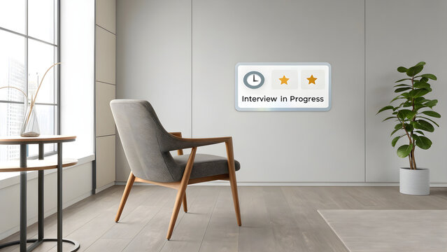 Empty chair facing floating 3D UI panel with interview icons | Clock and star rating progress indicators | Neutral office ambiance lighting | 8K UHD corporate recruitment technology render

