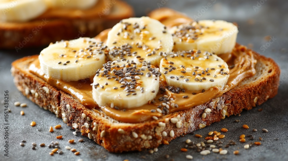 Poster a close-up of a slice of whole grain toast topped with peanut butter and banana slices, sprinkled wi