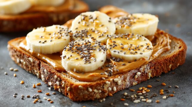 A close-up of a slice of whole grain toast topped with peanut butter and banana slices, sprinkled with chia seeds, showcasing a nutritious snack option.