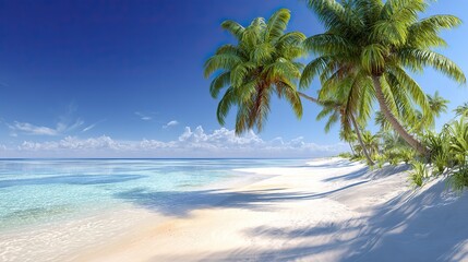 Beautiful white sand beaches, palm trees and clear blue skies. The tranquil summer scene is perfect for vacations, travel poster designs, illustrations, or artwork.