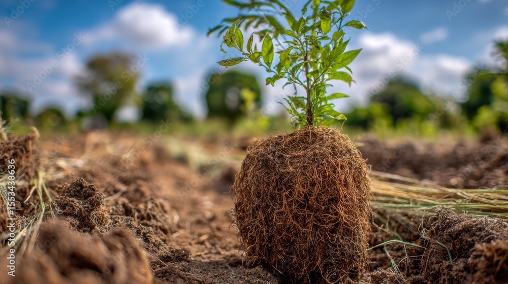 Aufkleber a close-up of a small tree being planted in a rural field, with the roots being covered with soil, e