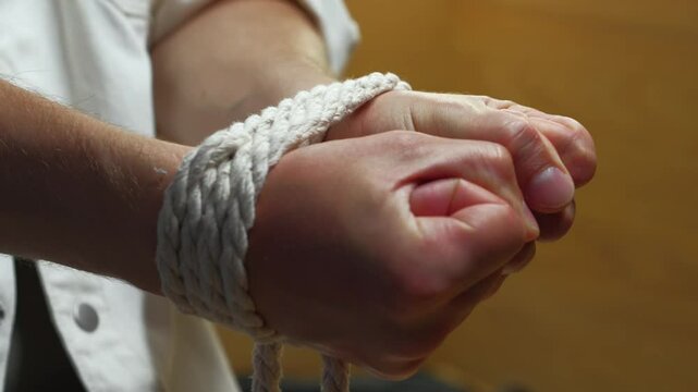 Hands tied with rope.
A man in captivity with tied hands tries to break free and free himself from the rope.
Rope on hands
