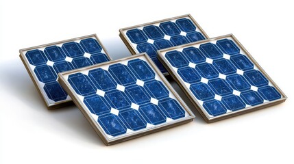 Array of Four Solar Panels Featuring a Geometric Blue Grid Pattern on a White Background