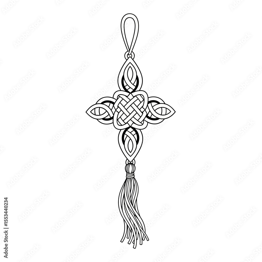 Aufkleber a black and white drawing of a celtic knot cross with a tassel hanging from the bottom and a loop at