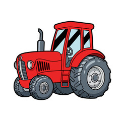 A cartoon illustration of a red tractor with large tires on a white background isolated object