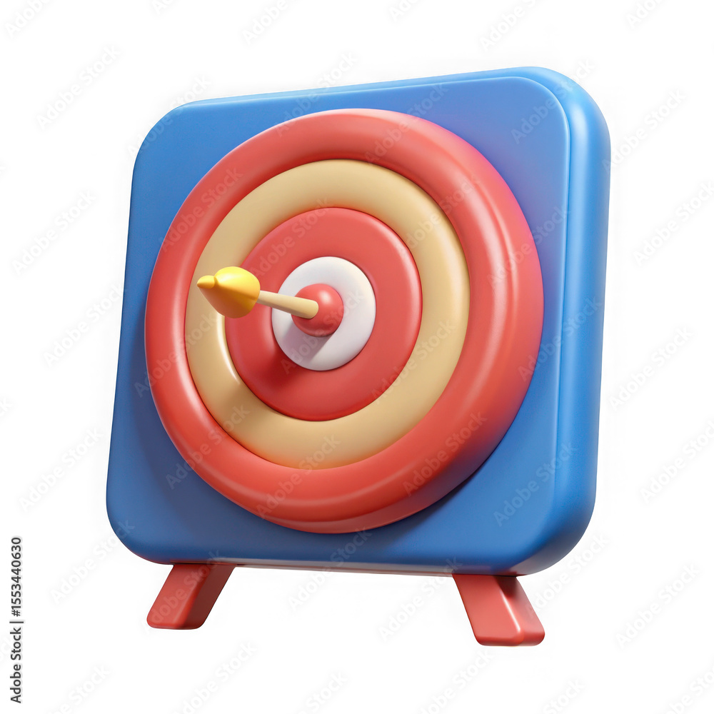 Poster stylized 3d cartoon dartboard with a yellow dart hitting the bullseye representing success and accur