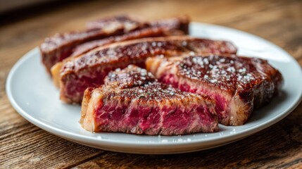 Obraz premium A close-up of marbled beef steak slices on a clean white plate, with a focus on the rich texture and fat marbling, set against a rustic wooden table