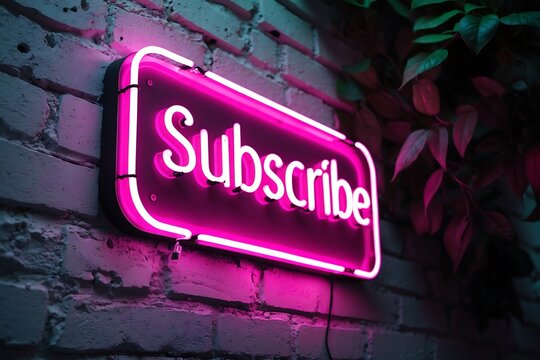 Pink Neon Subscribe Sign on Brick Wall with Foliage