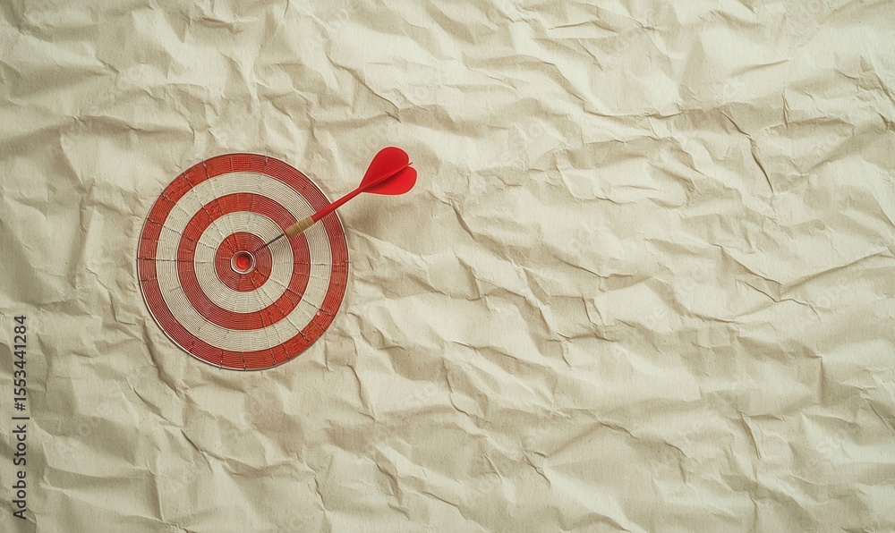 Poster red dart on target on crumpled paper background for goals