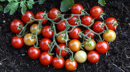 Top-down aerial view of fresh tomatoes mapped out on soil to form an exact country shape with vibrant contrast