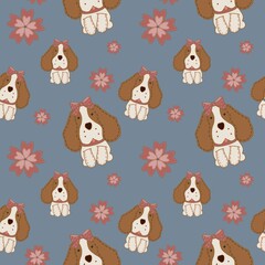 Beagle cartoon seamless pattern on retro blue gray background. Can print it on gift paper, fabric, stationery, wall art cover, etc.