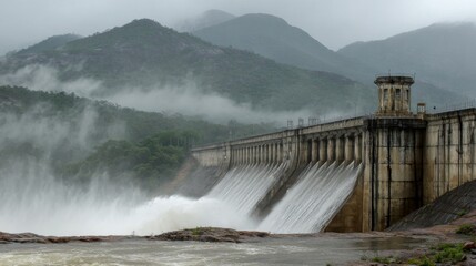 A close-up of the concrete structure of a dam, with water cascading over the spillway, creating a misty spray against a backdrop of mountains