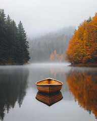 Small Wooden Rowboat on Calm Gray Lake in Misty Forest
