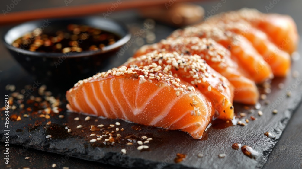 Poster a close-up shot of salmon sashimi topped with a sprinkle of sesame seeds and served with a small bow