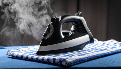 The electric steam iron presses towels and clothing flat on an ironing board, a hot household...