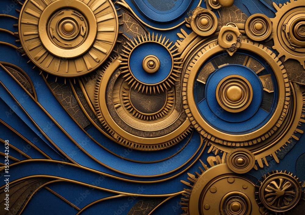 Poster intricate gears and cogs with blue background and artistic design