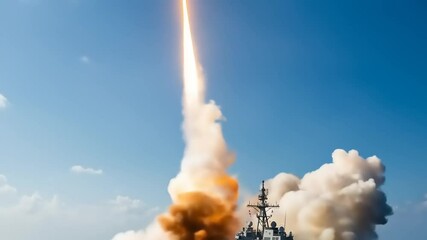 Naval ship launching a missile into the clear blue sky over the ocean, with smoke and fire visible
