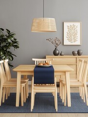 Modern Scandinavian Dining Room with Wooden Furniture and Decor