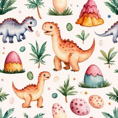 Playful Dinosaurs and Colorful Eggs on a Light Background