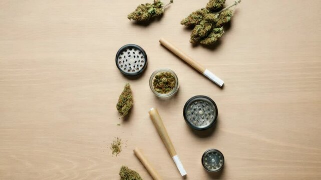 Cannabis buds, joint, and grinder on wooden surface