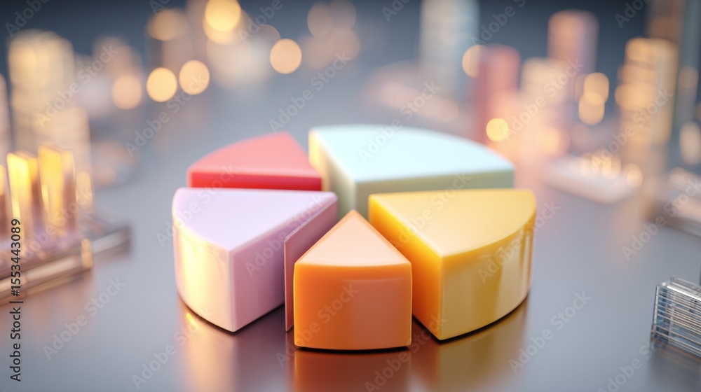 Poster A colorful D pie chart with individual segments floating in mid-air, surrounded by a soft glow, symbolizing financial data distribution