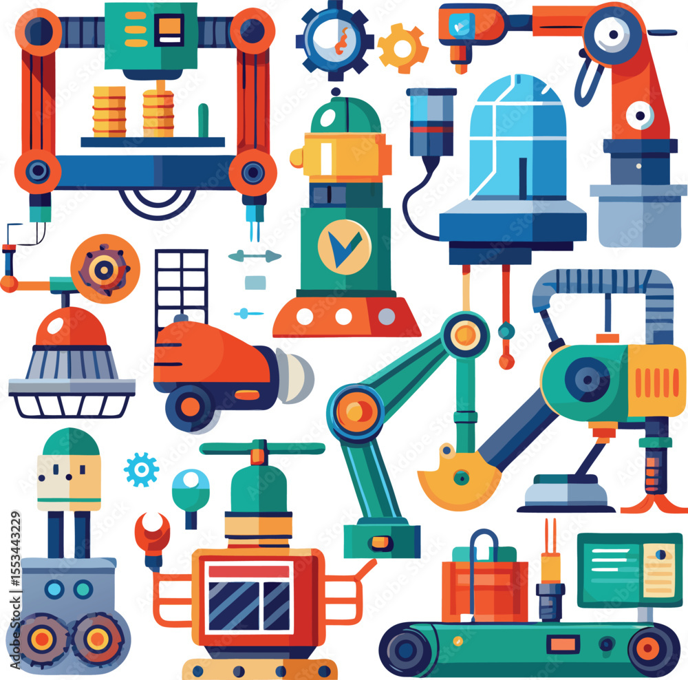 Poster a vibrant collection of flat design industrial robots and automated machinery components used in mod