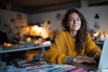 Smiling woman in yellow sweater working on a laptop in a warmly lit, creative studio environment.