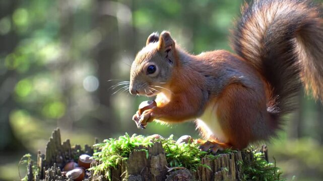 Red Squirrel Foraging on Mossy Tree Stump in Sunny Forest with Bokeh Background