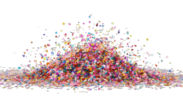Colorful confetti pile explodes from base