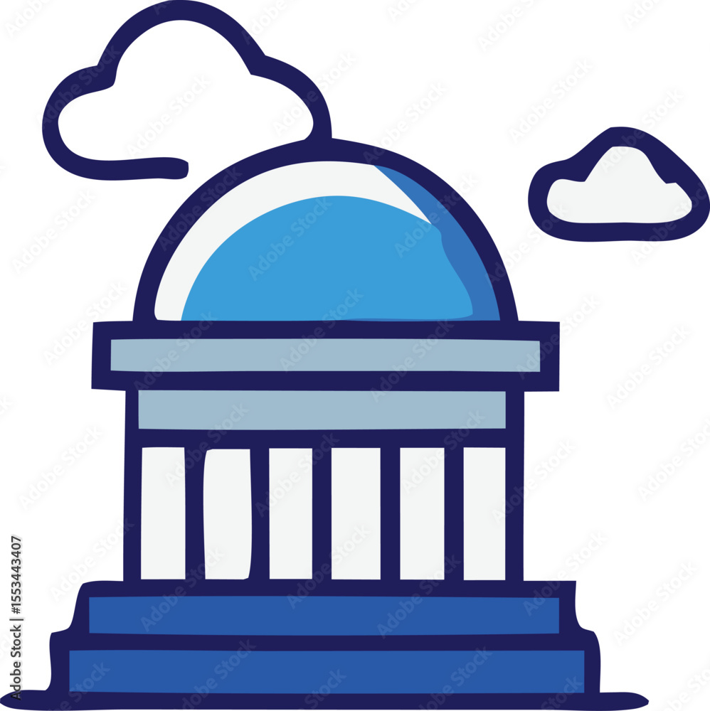 Poster stylized blue building with a dome and columns set against a white background with two fluffy clouds