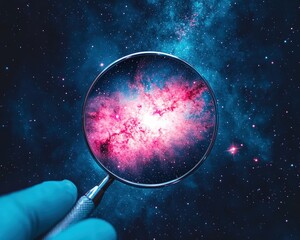 A gloved hand holds a magnifying glass zooming in on a vibrant pink and blue galaxy amidst a starry cosmic background.