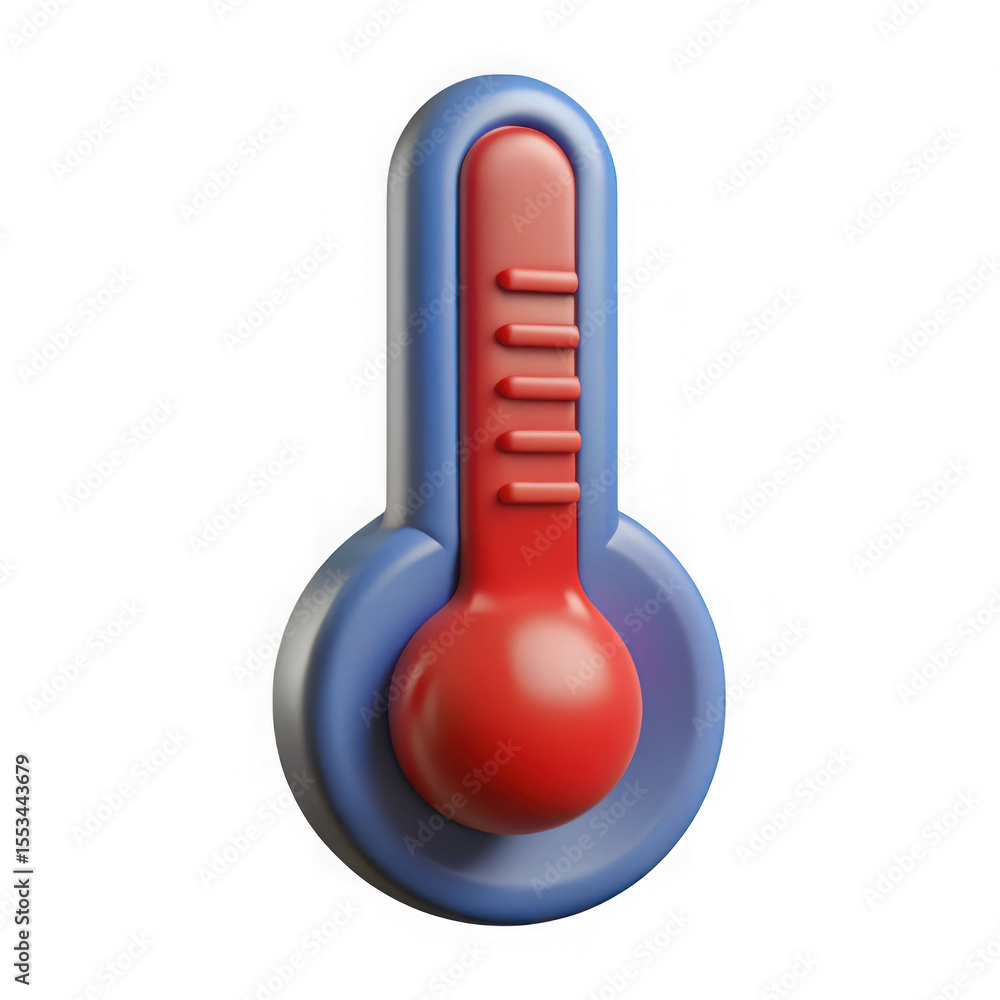 Poster stylized 3d rendering of a thermometer with a blue casing and red liquid column showing temperature 