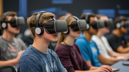 A group of young people wearing virtual reality headsets in a classroom or training setting.