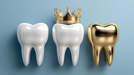 Three stylized teeth are shown, two white and one gold, with the middle white tooth wearing a golden crown on a blue background.