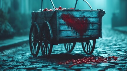 Old wooden market cart with visible red tomato stains smeared across weathered wood, abandoned on textured cobblestone street