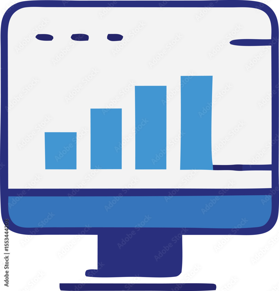 Poster simple blue and white computer monitor displaying a bar graph with increasing blue bars indicating g
