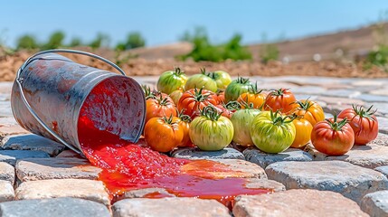 Overflowing tomato bucket causing bright red splash on old cobblestone surface, vivid juice pooling in stone crevices